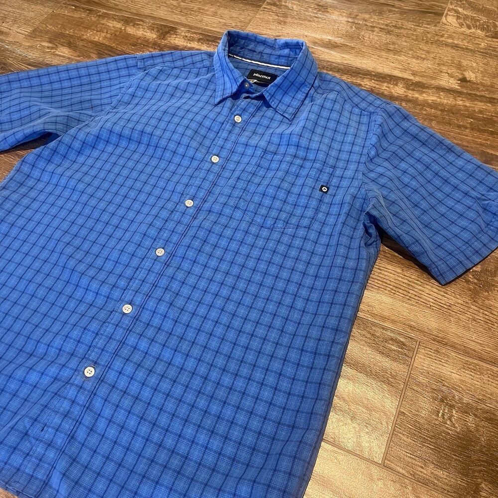 Marmot Eldridge Button Up Shirt Men's Large Blue White Checkered SS Casual